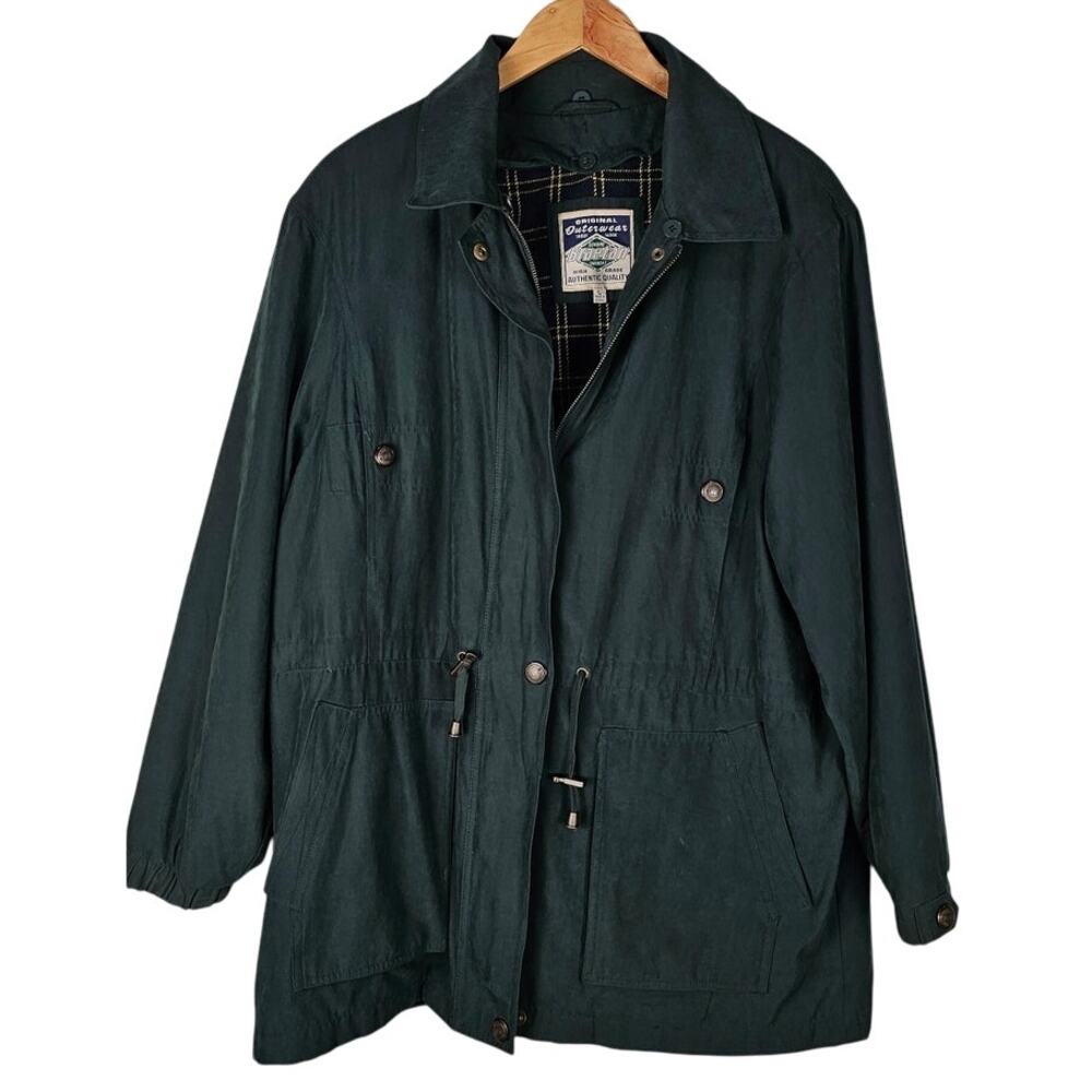 VTG Braeton jacket size L green quilted plaid lining zip snap front draw waist
